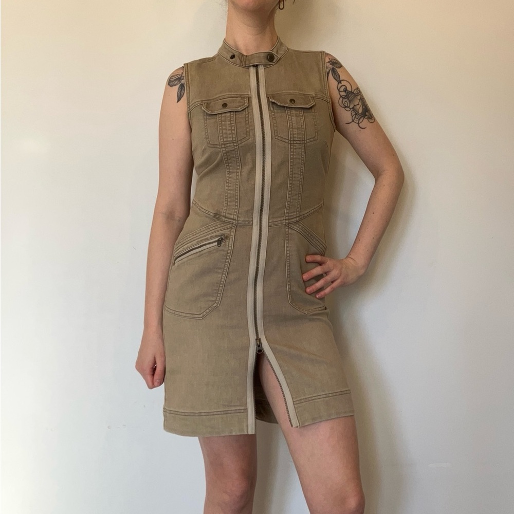 Vintage Royal Robbins Y2K denim Beige Zip-Front Mini Dress in size small